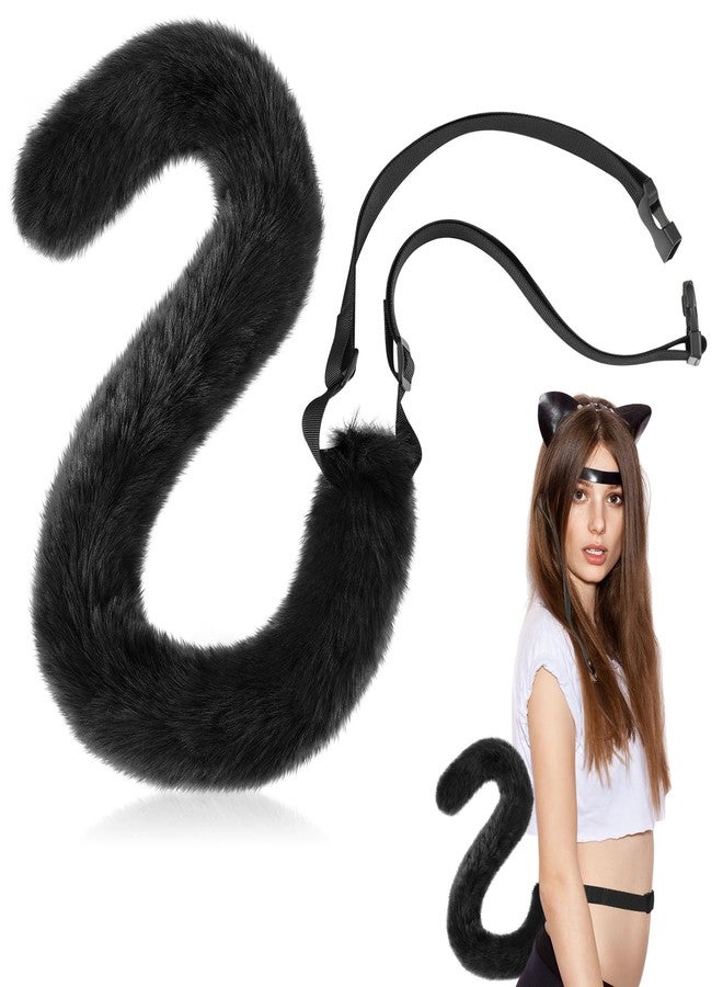 Boyiee Black 31.5 inch Cat Tail Fake Plush Fluffy Cat Faux Fur Tail Cosplay Halloween Accessories for Women Adults(Buckle Style) - Image 1